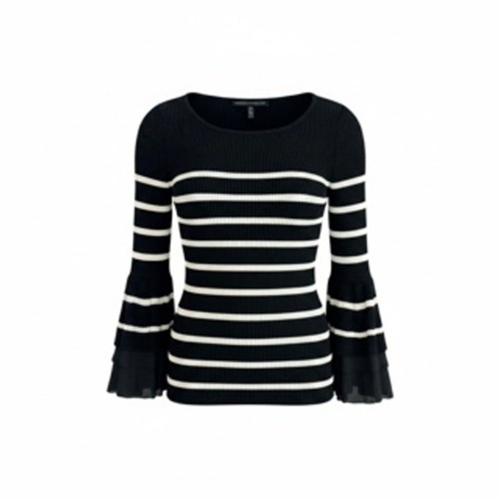 White House Black Market Striped Ribbed Sweater Bell Sleeve Black White XS‎